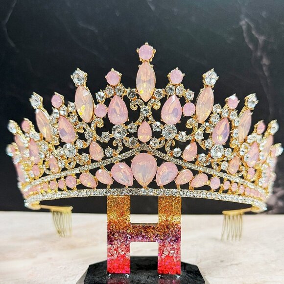 Pink Gemstone Tiara, Bridal Wedding Gold Crown, Birthday Princess Pink Crown main image 8
